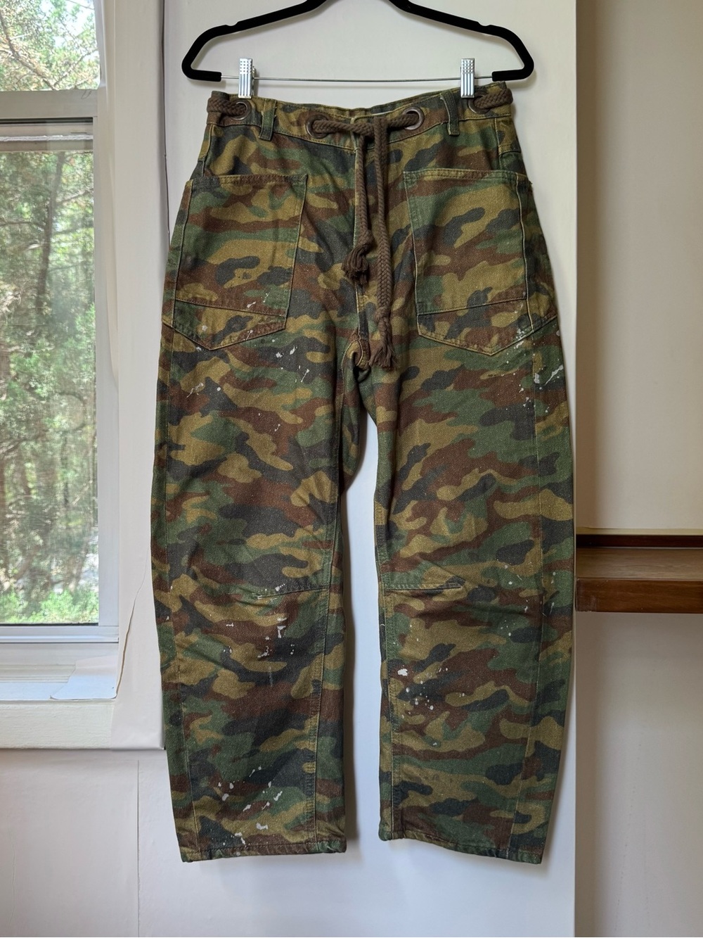 Free People We The Free Moxie Pull-On Barrel Jeans Camo Print Green 26